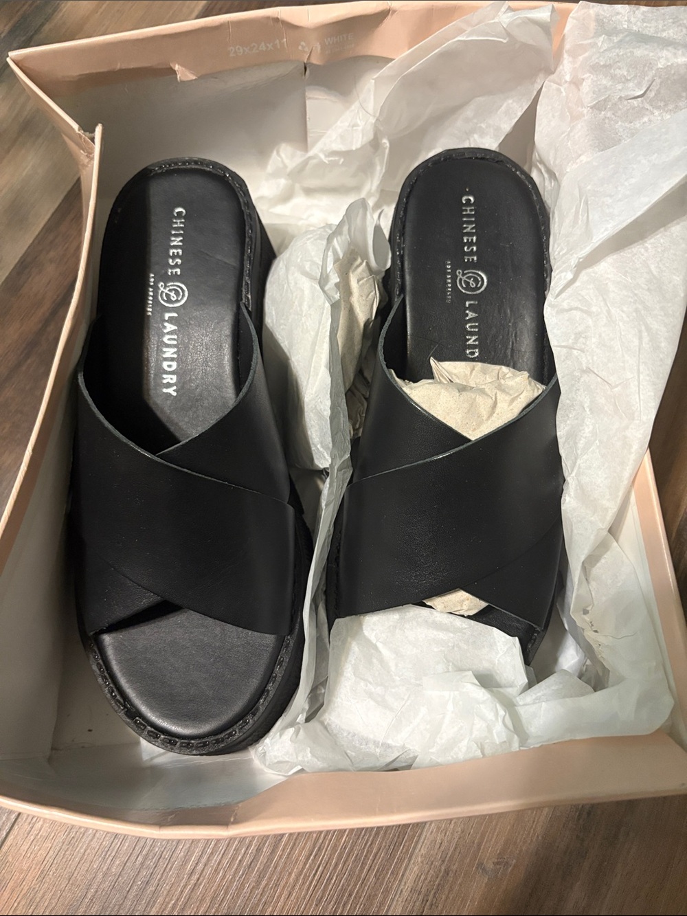 Chinese Laundry Black Crisscross Slide Mules